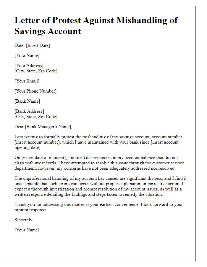 Letter template of protest against mishandling of savings account.