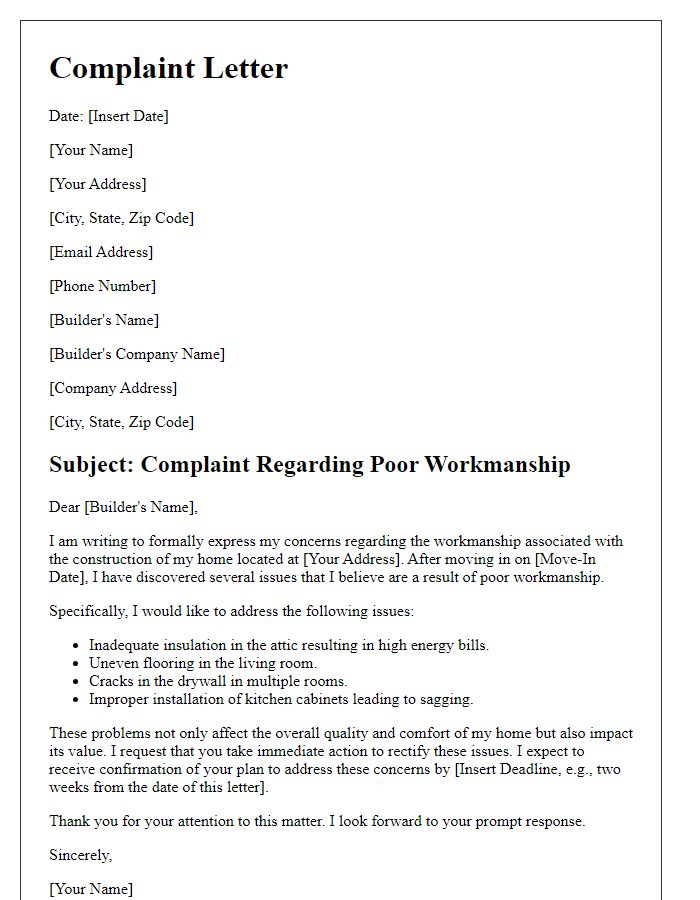 Letter template of complaint to home builder for poor workmanship.