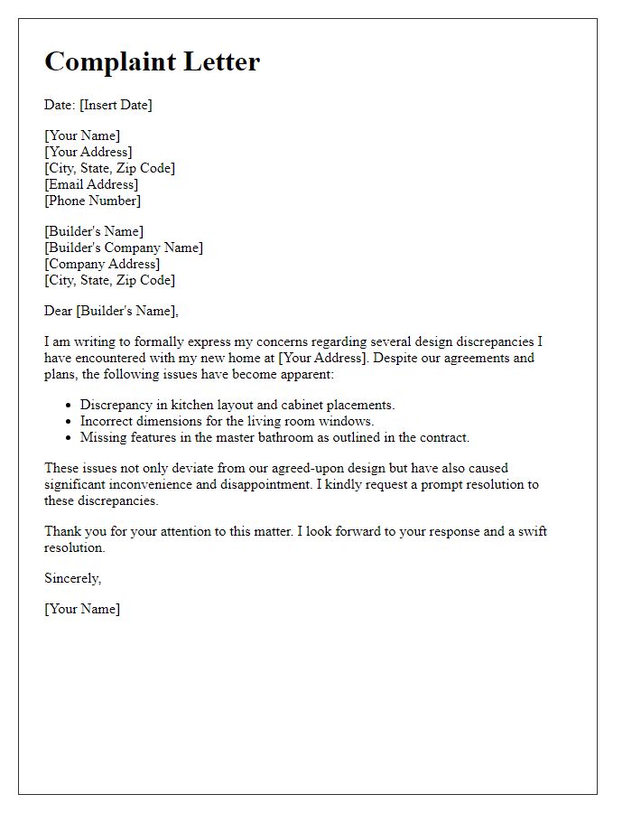 Letter template of complaint to home builder regarding design discrepancies.