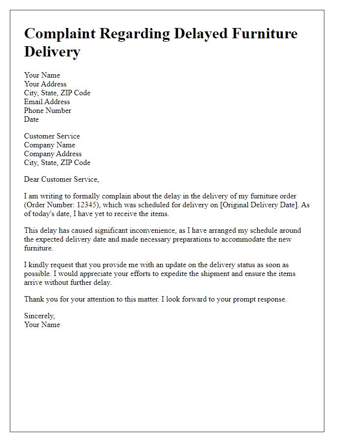 Letter template of complaint regarding delayed furniture delivery