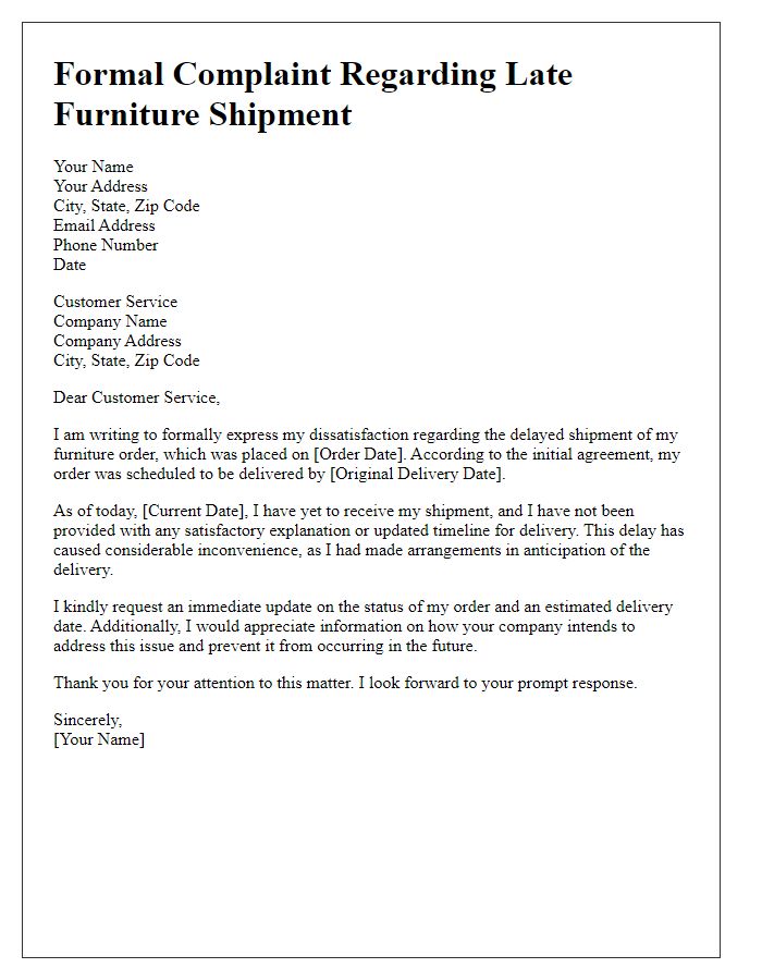 Letter template of formal complaint for late furniture shipment