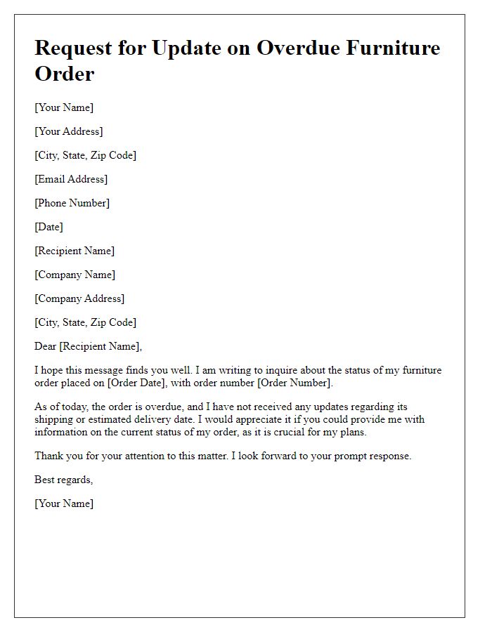 Letter template of request for update on overdue furniture order