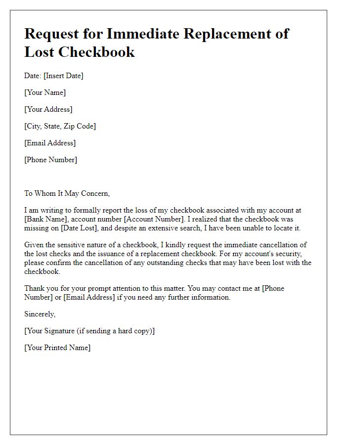 Letter template of communication for lost checkbook requiring immediate replacement.