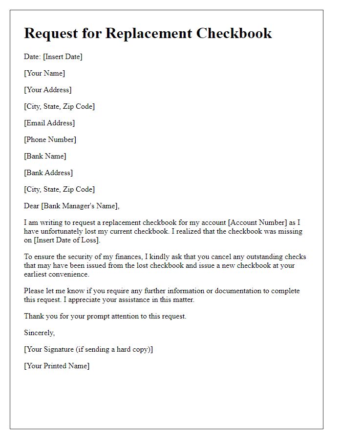 Letter template of need for replacement checkbook due to loss.