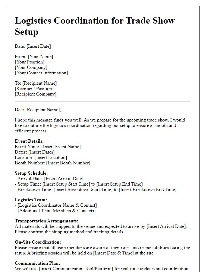 Letter template of logistics coordination for trade show setup