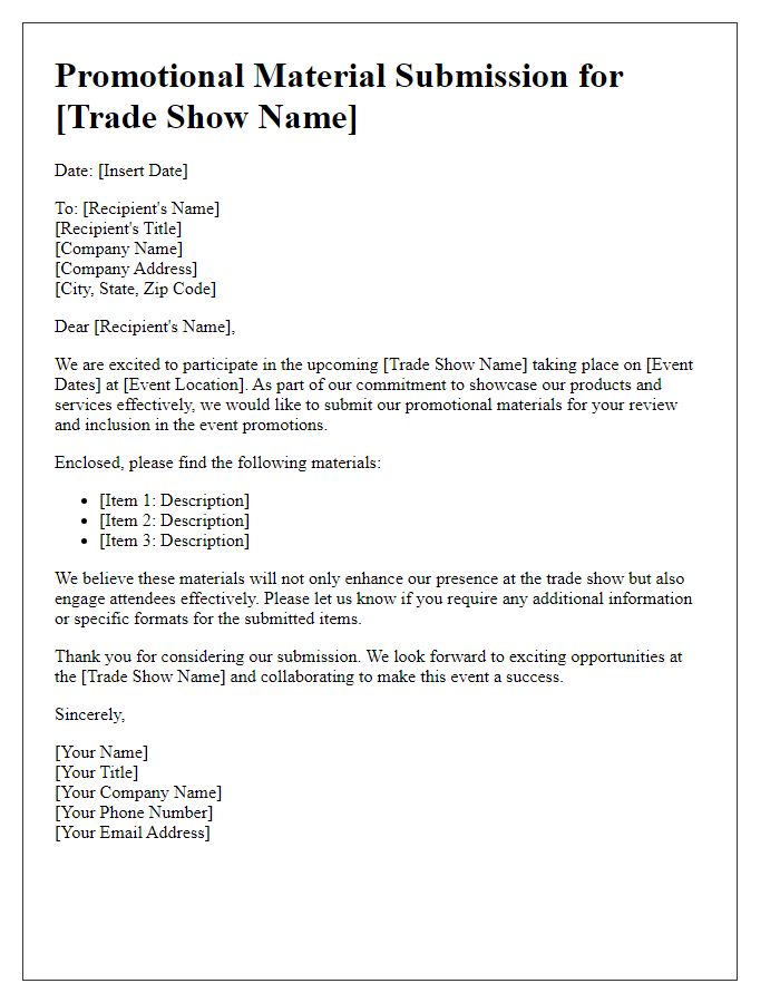 Letter template of promotional material submission for trade show