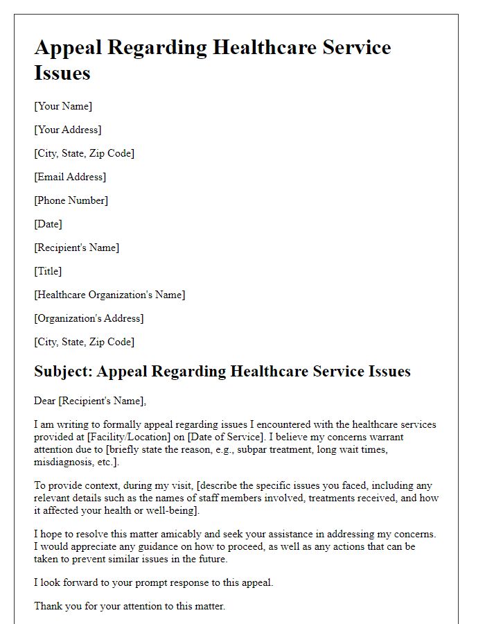 Letter template of appeal regarding healthcare service issues