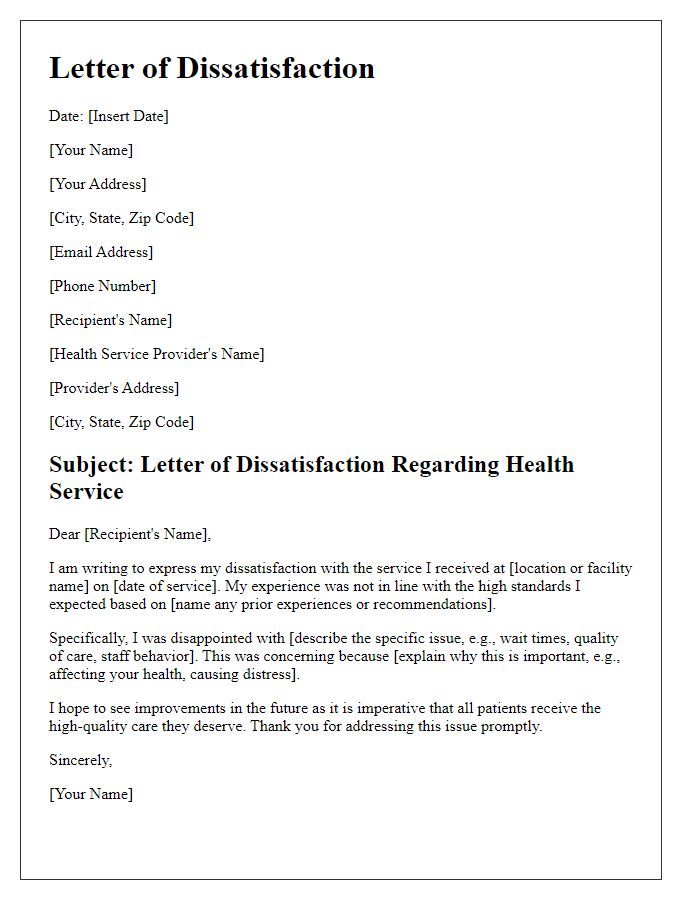 Letter template of dissatisfaction with health service provider