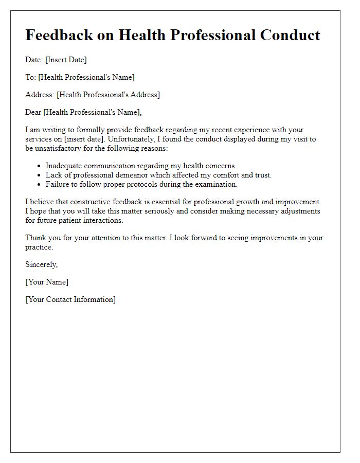 Letter template of feedback on unsatisfactory health professional conduct