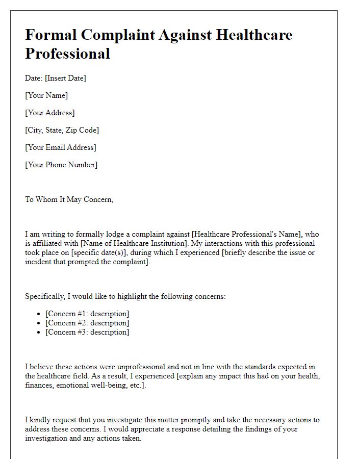 Letter template of formal complaint against healthcare professional