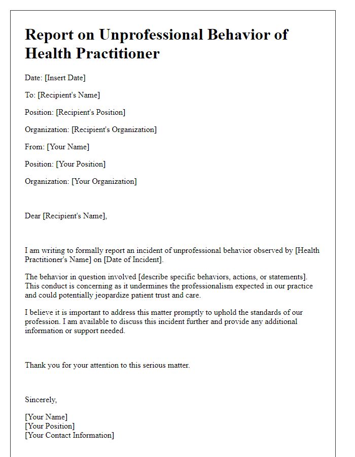 Letter template of report on unprofessional behavior of health practitioner