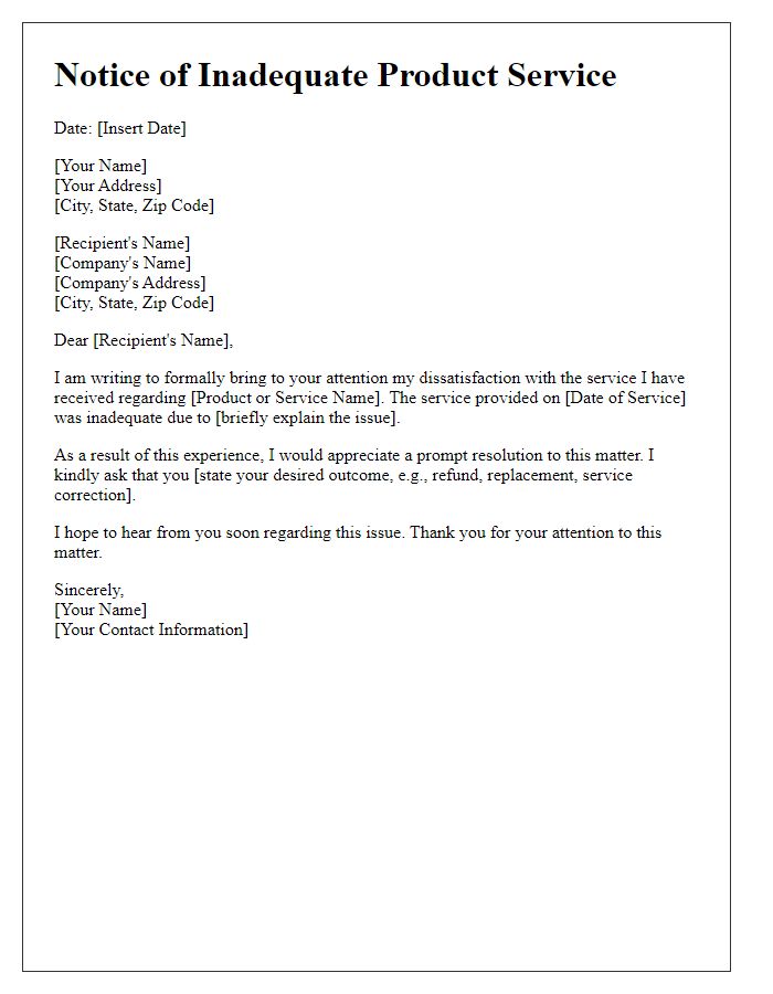 Letter template of notice for inadequate product service