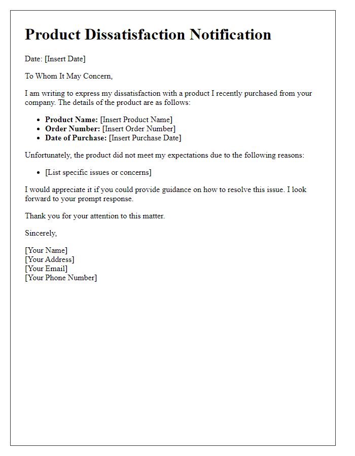 Letter template of product dissatisfaction notification