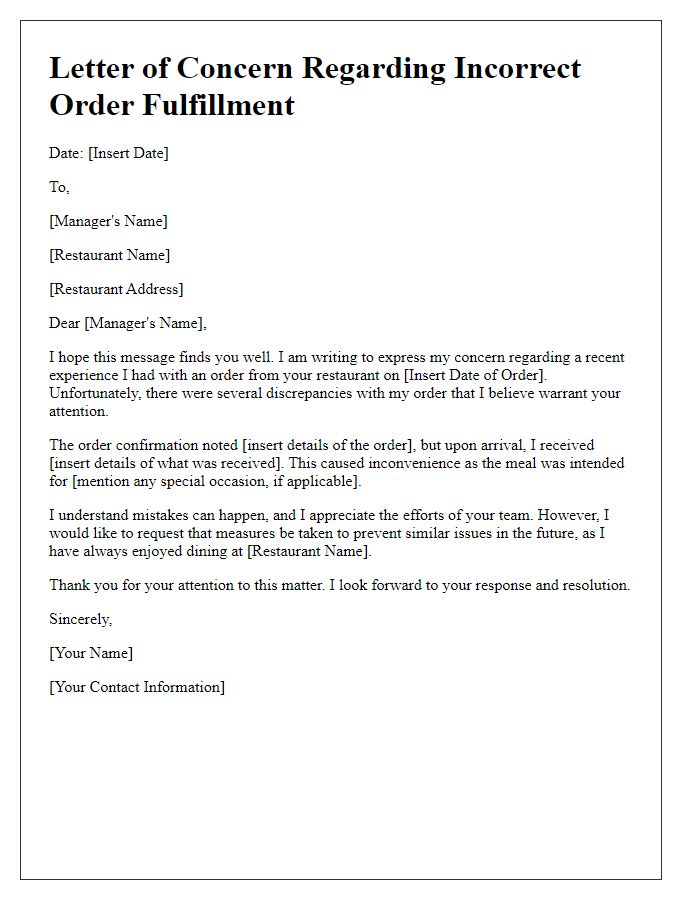 Letter template of concern over incorrect order fulfillment to restaurant manager