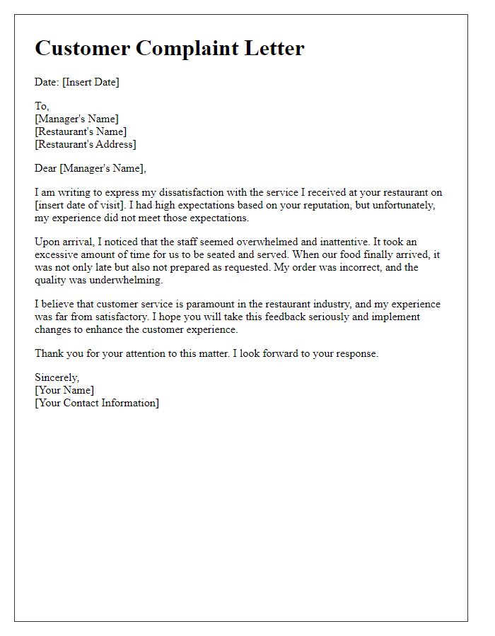 Letter template of customer complaint regarding unsatisfactory service to restaurant manager