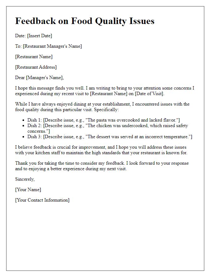 Letter template of feedback on food quality issues to restaurant manager