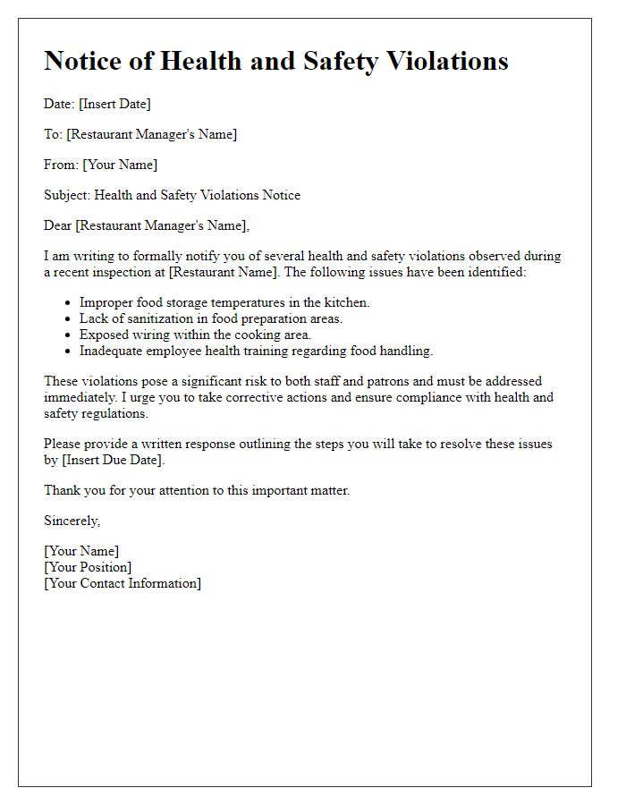 Letter template of notice about health and safety violations to restaurant manager