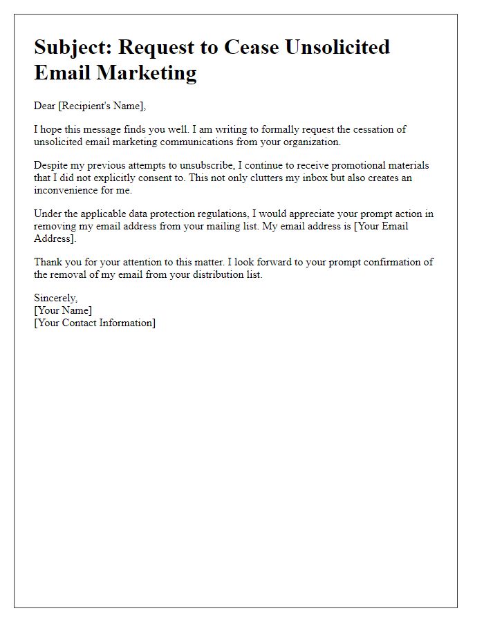 Letter template of appeal to stop unsolicited email marketing