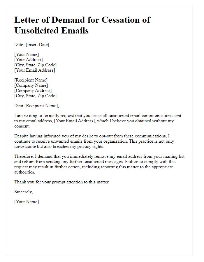 Letter template of demand for cessation of unsolicited emails