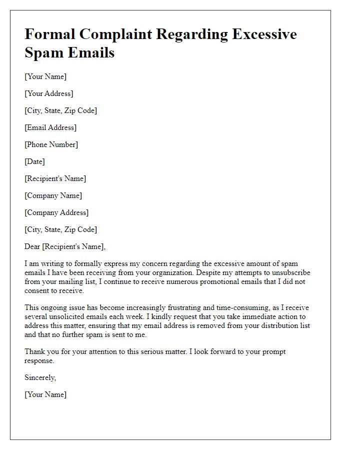 Letter template of formal complaint regarding excessive spam emails