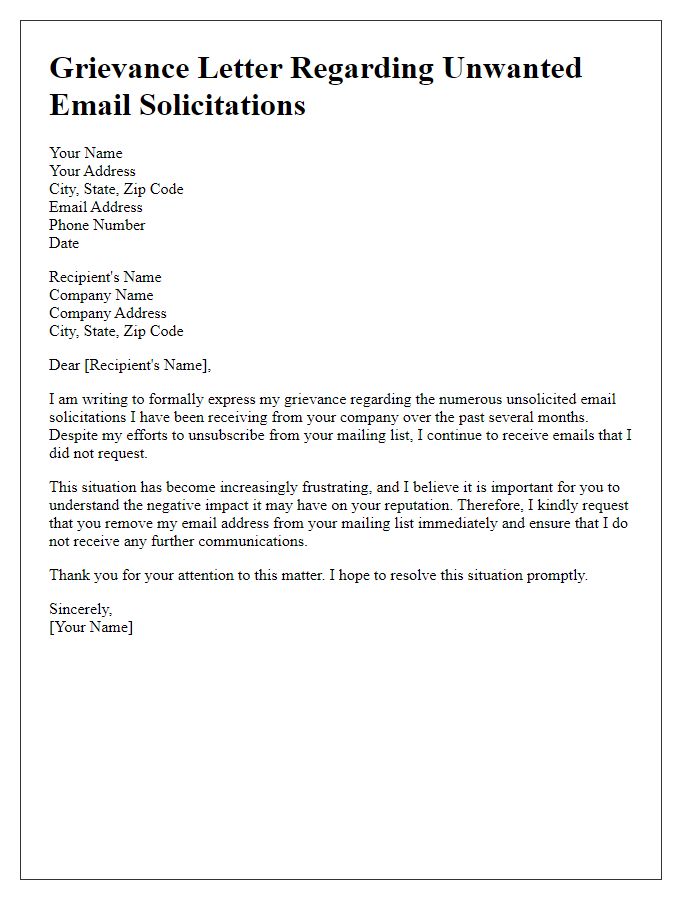 Letter template of grievance about unwanted email solicitations