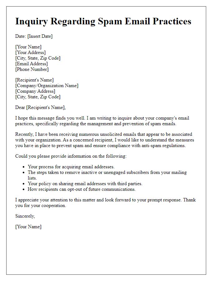 Letter template of inquiry concerning spam email practices