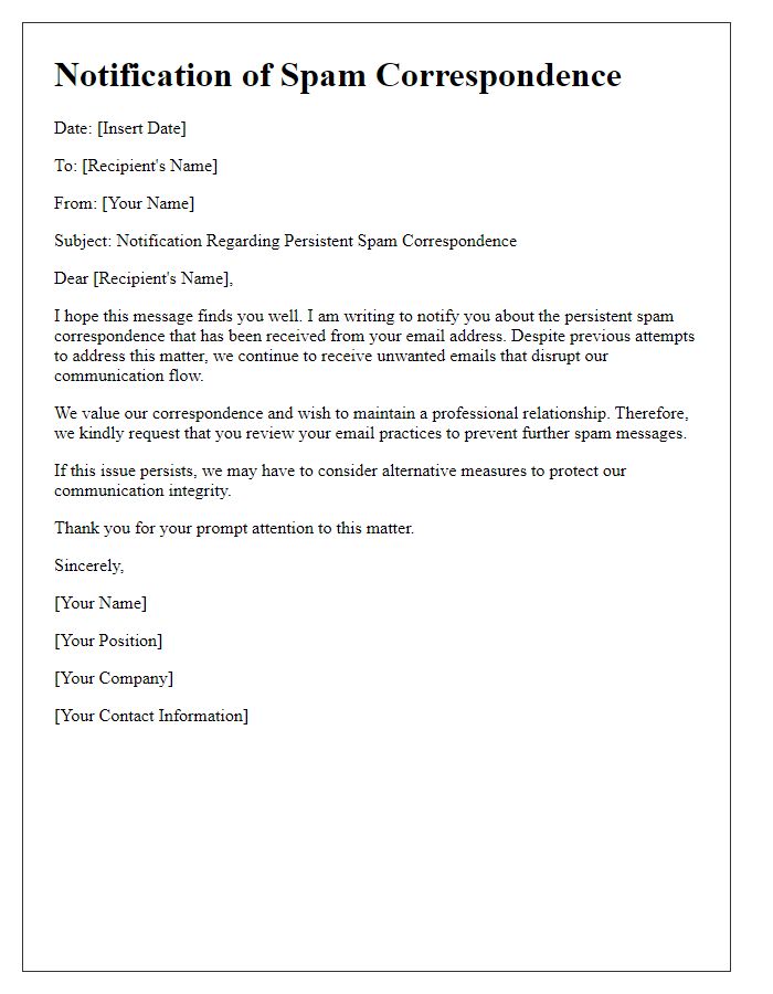 Letter template of notification about persistent spam correspondence