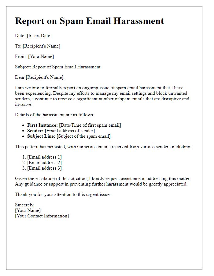 Letter template of report on spam email harassment