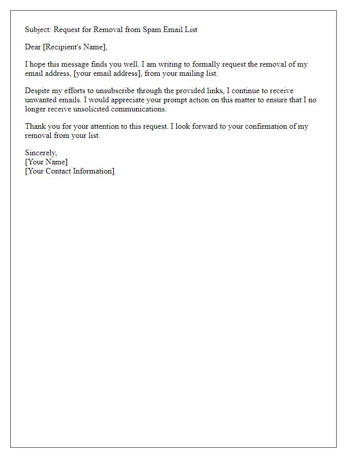 Letter template of request for removal from spam email list