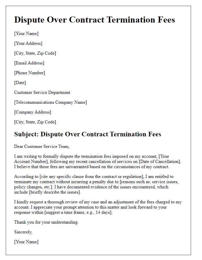 Letter template of dispute over contract termination fees to telecommunications company