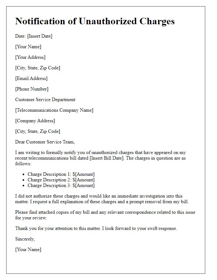 Letter template of notification about unauthorized charges to telecommunications company