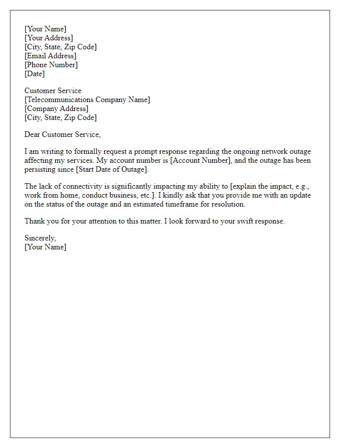 Letter template of request for prompt response to network outage to telecommunications company