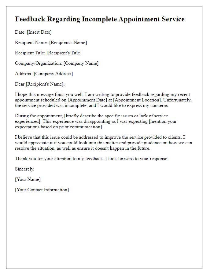 Letter template of feedback regarding an incomplete appointment service