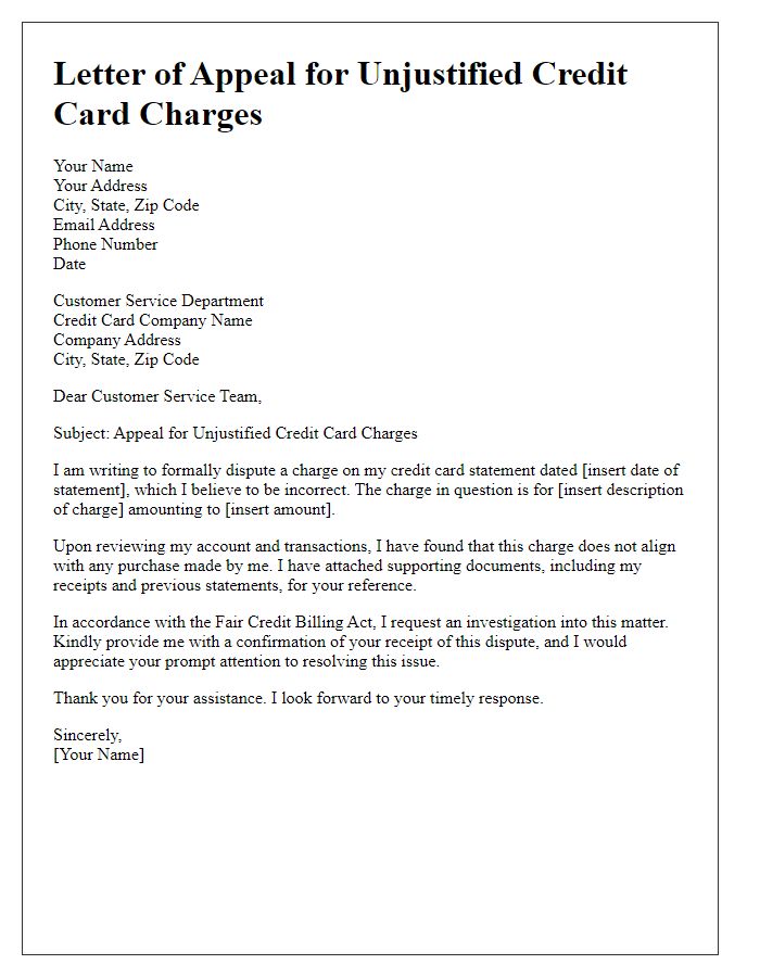 Letter template of appeal for unjustified credit card charges