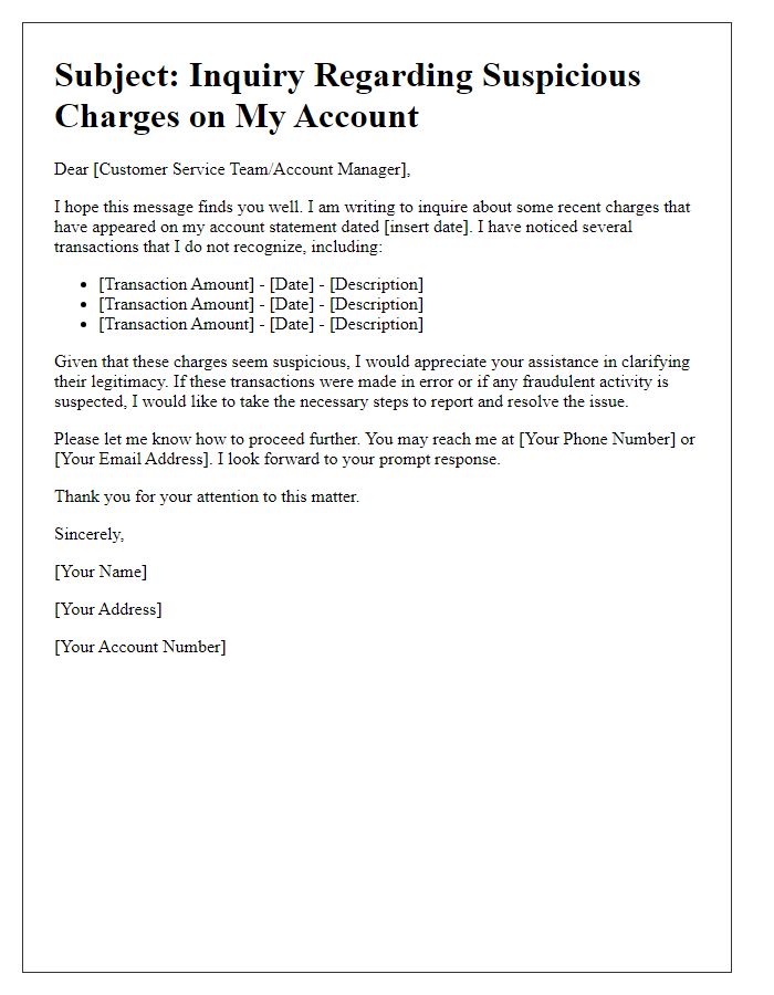 Letter template of inquiry about suspicious charges