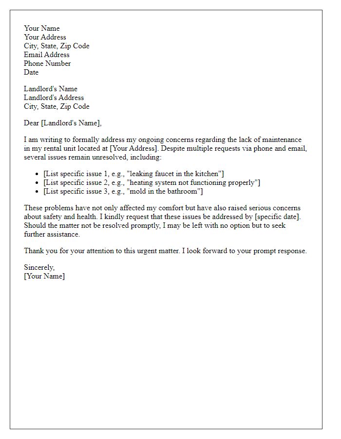 Letter template of complaint regarding landlord's lack of maintenance