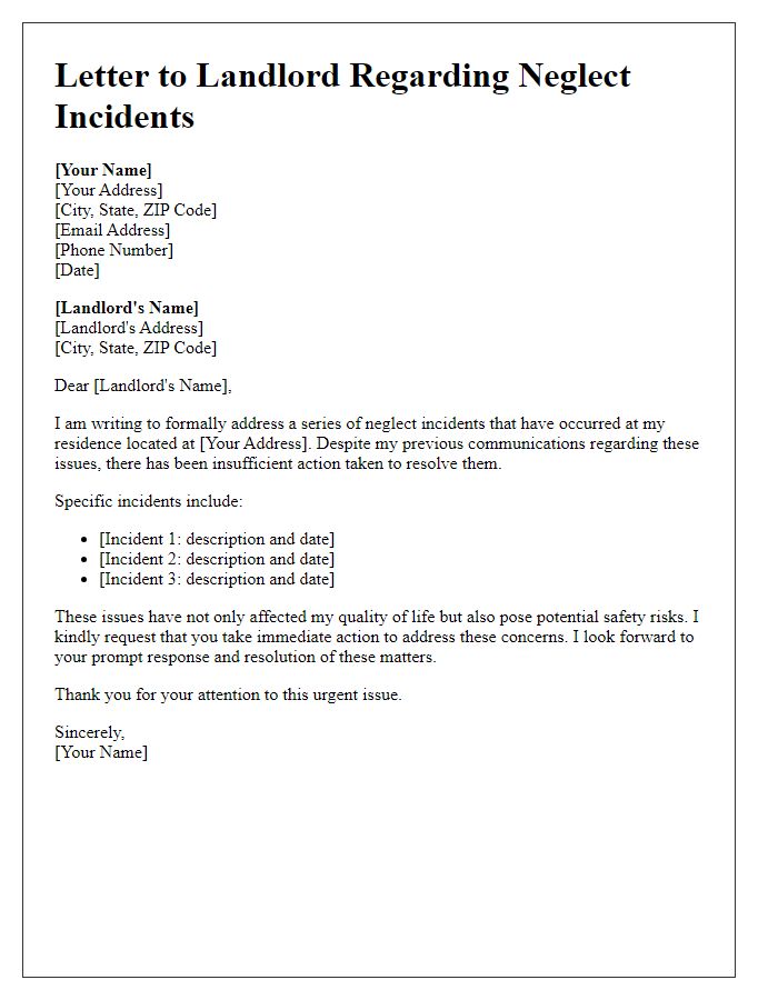 Letter template of document landlord neglect incidents