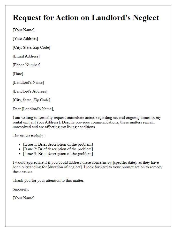 Letter template of request for action on landlord's neglect