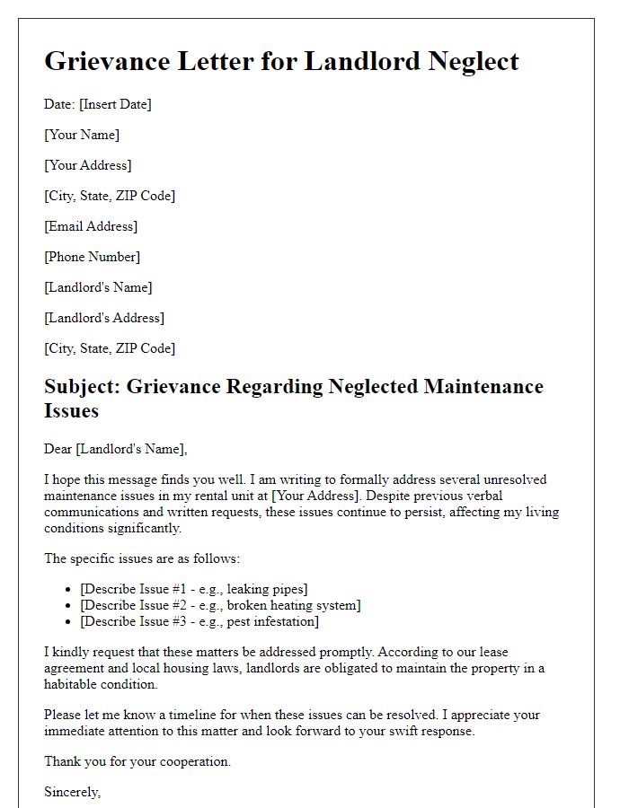 Letter template of residential landlord neglect grievance