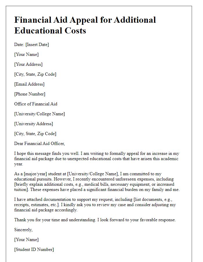 Letter template of financial aid appeal for additional educational costs.