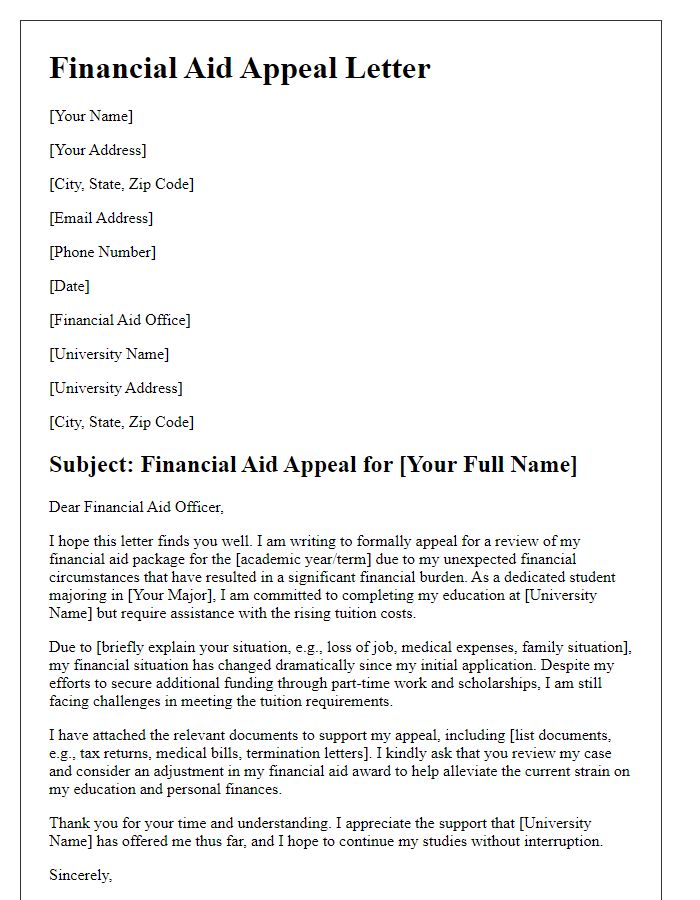 Letter template of financial aid appeal for high tuition costs.