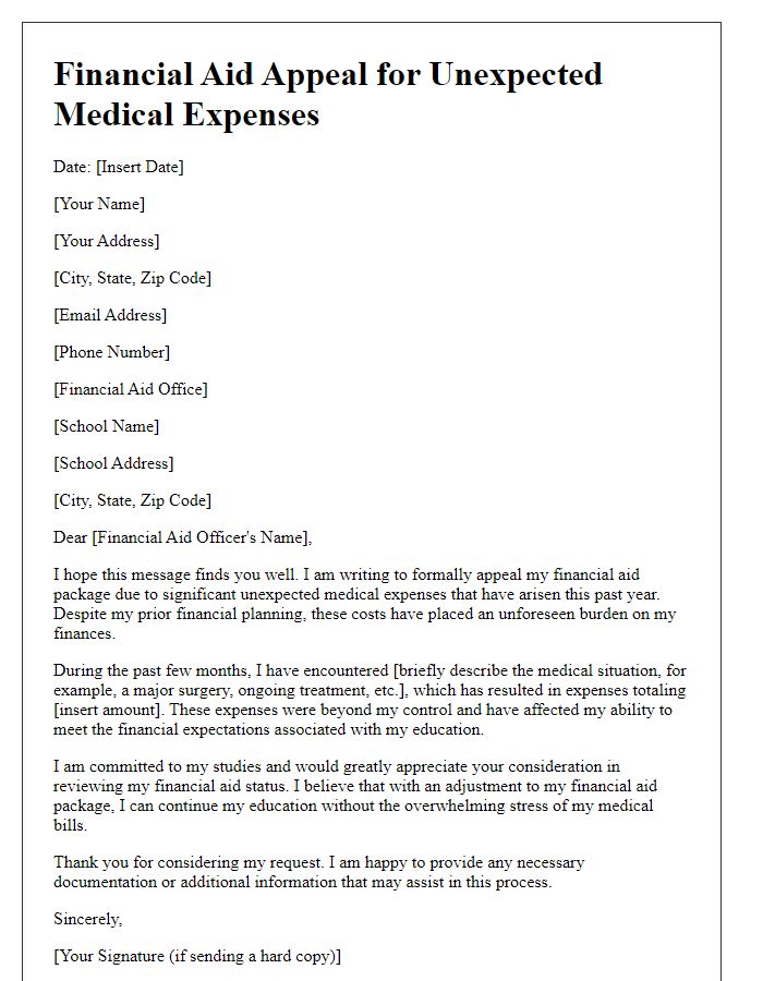 Letter template of financial aid appeal for unexpected medical expenses.