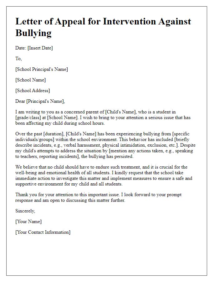 Letter template of appeal for intervention against bullying in school