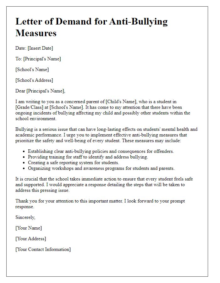 Letter template of demand for anti-bullying measures in the school