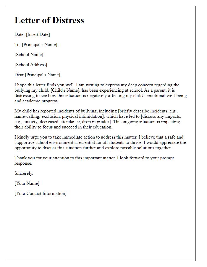 Letter template of distress regarding bullying affecting my childs education