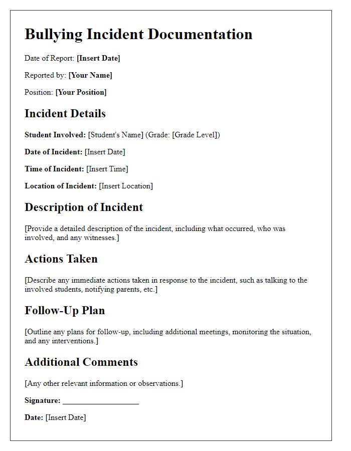 Letter template of documentation of bullying incidents for school records