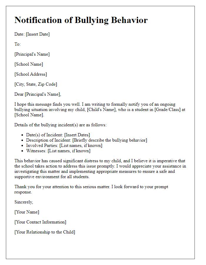 Letter template of notification to school authorities about bullying behavior