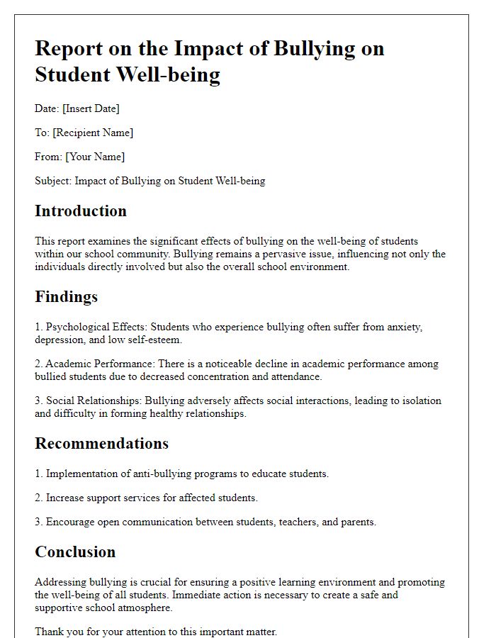 Letter template of a report on the impact of bullying on student well-being