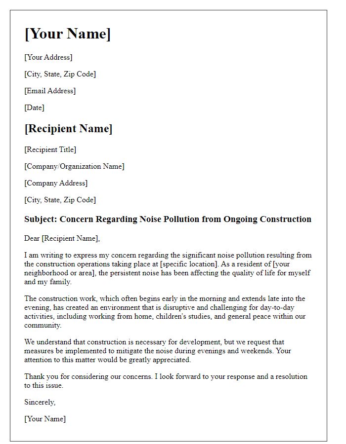 Letter template of concern about noise pollution from construction operations