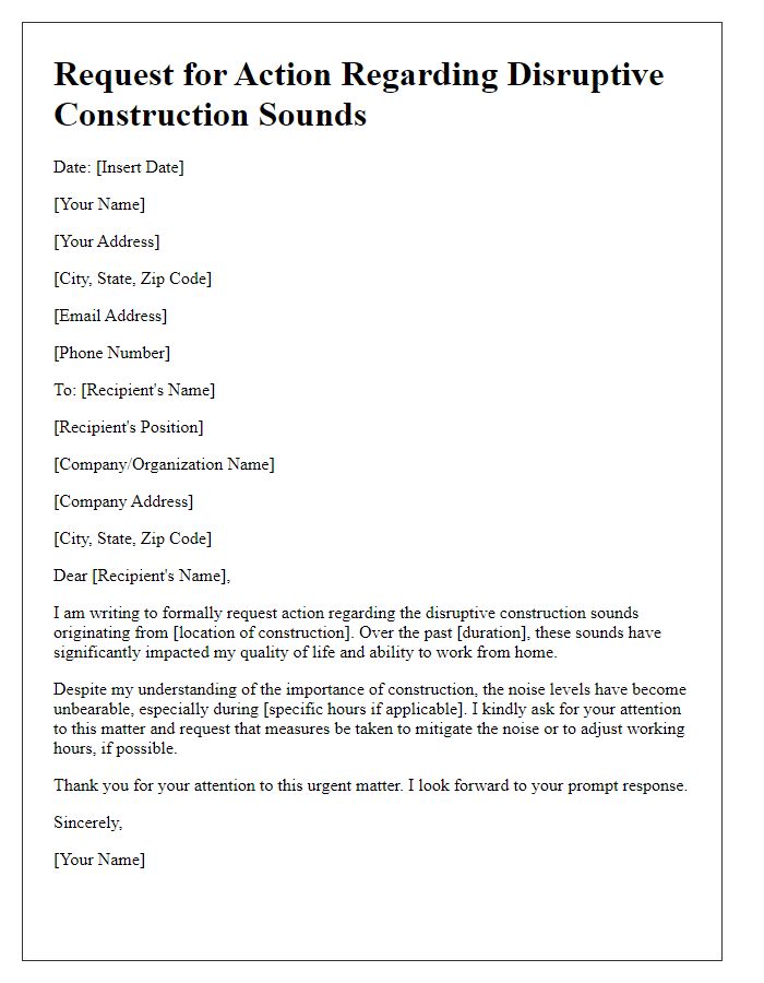 Letter template of request for action regarding disruptive construction sounds